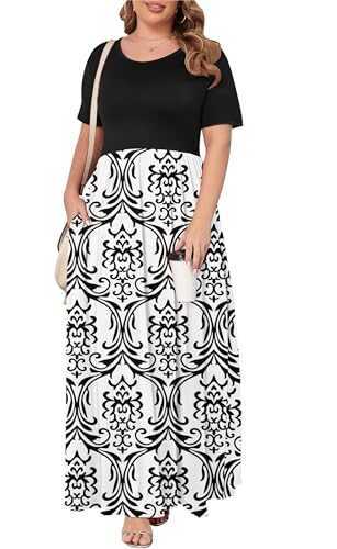 Image of KARALIN Women Plus Size Maxi Dress Short Sleeve Round Neck Loose Fit A-Line | Plus Size Long Dress,Summer Casual Maxi Dresses,Short Sleeve,Side Pockets,Round Neck,Elastic Waist,14 Plus - 26 Plus