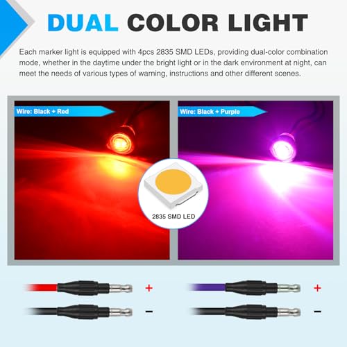 Image of Nilight 3 /4 Inch Dual Color Marker Light Red Brake Purple Clearance Lights | 10PCS Auxiliary Side Lamp w /3 Pin Plug IP68 Waterproof Fits Trailers Trucks Campers RVs ATVs UTVs