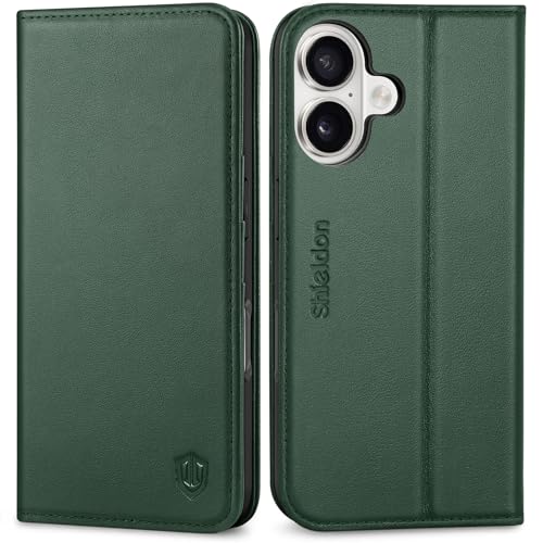 SHIELDON Genuine Leather Case Wallet for iPhone 17 6.3-inch 5G 2025 | Folio, Wallet, Magnetic Closure, Kickstand, RFID Blocking Card Slots, Full Protection, Soft Phone Cover - Evergreen