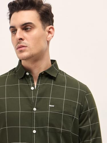 Image of THE BEAR HOUSE Men's Slim Fit Cotton Long Sleeve Olive Shirt
