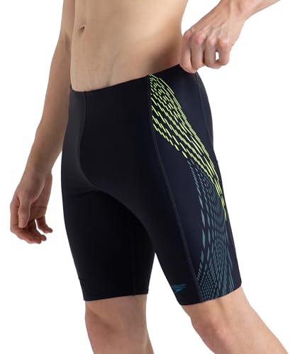 Image of Speedo Men Endurance10 Tech Print Placement Panel Jammer - True Navy, Hyper Yellow & Dark Teal