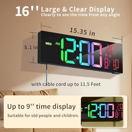 Image of 16 inch Large Digital Alarm Clock with Remote Control, Dual Alarm Clock with LED Screen Dispaly, 8 RGB Colors, Auto DST, Temperature for Living Room, Desk Decor, Mounted Wall Clock, Gift for Elderly