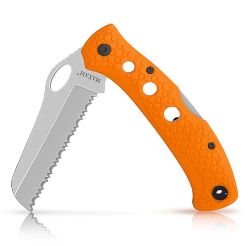 Maxam 5 Rescue Knife - Rust-Proof German Stainless Steel Serrated Blade with High-Visibility Orange Handle Reversible Pocket Clip Lanyard Hole