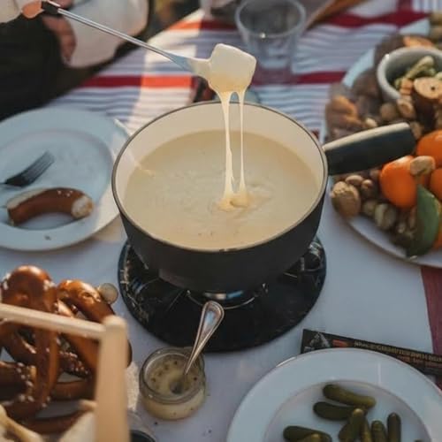 Artestia Cast Iron Cheese Fondue Pot Set, Swiss Traditional Cast Iron Fondue Set for Cheese, Meat & Chocolate (Black Matt)