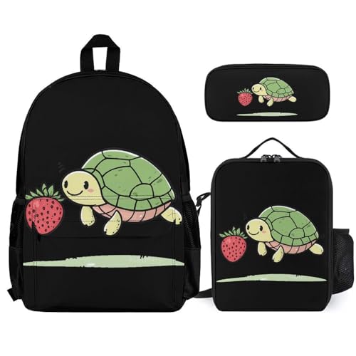 Turtles Strawberries Backpack 3 Set with Lunch Bag Insulated Shoulder Meal Tote Bags Pencil Case Box Casual Daypack