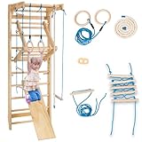 COSTWAY Sprossenwand, Kletterwand für Kinder und Erwachsener, Turnwand aus Holz, Klettergerüst Indoor, inkl. Klimmzugstange/Ringe/Trapez/Strickleiter/Kletterseil, bis 100kg belastbar, 220 x 80 x 60 cm