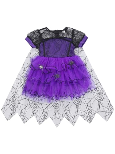 Dubute Disfraz de Halloween para bebé, bruja, manga corta, vestido de tul de araña, disfraz de bruja vampiro para niñas pequeñas (morado, 3-4T)