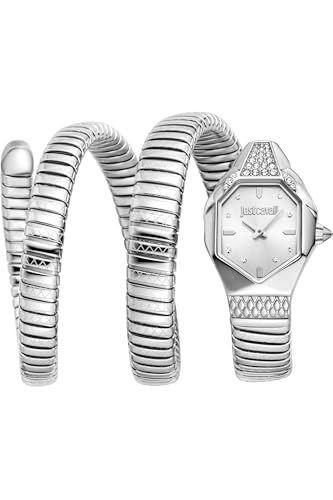 Just Cavalli Signature Snake Ambra - Montre Bracelet à Quartz pour Femme à la Mode Bracelet et boîtier en Acier Inoxydable de Couleur Gris Cadran analogique...
