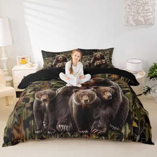 Housse de couette 200x200 camouflage vert drapeau américain ours