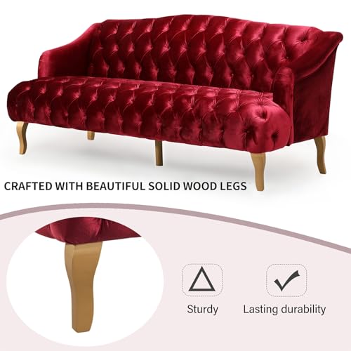 Image of Modern Wingback Tufted Velvet Loveseat, 73.25 inch 3 Seat Sofas Settee Bench Banquette Chesterfield Love Seat with High Back Thick Padded Cushioned Upholstered Couch for Living Room, Victorian Style, Red