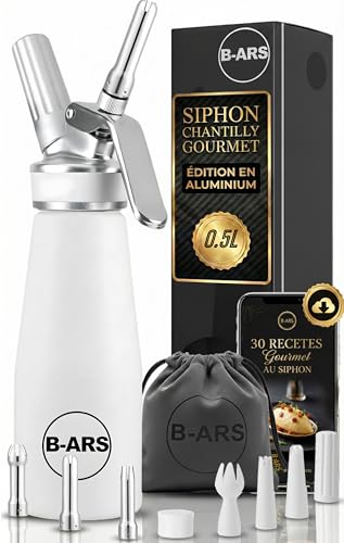 B-ARS Siphon Chantilly Cuisine en Aluminium Durable 500 ml BLANC Avec Buses Inox Facile à Nettoyer Idéal Mousse Dessert et Décorations Syphon Chantilly