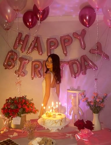 Image of Pink Happy Birthday Balloon Banner, 16 Inch Light Pink Happy Birthday Foil Letter Balloons, Sweet HBD Decorations for Baby Girl, First Birthday, Toddler, Baby Shower, Photo Backdrop