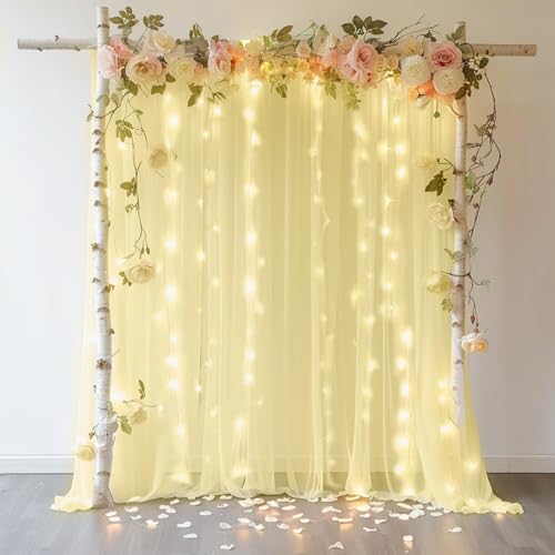 10 FT x 8 FT Champagne Backdrop Curtain - Tulle Backdrop Curtain with 9.8FT Lights String - Sheer Backdrop Curtains with 4 Inch Rod Pockets for Birthday Weddings Baby Shower Theme Party Decorations