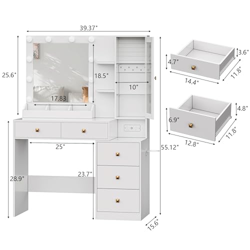 Image of HUANLEGO Vanity Desk with Mirror and Lights, White Makeup Vanity Mirror with Lights Desk with 5 Drawers, Jewelry Organizer& LED Glass Cabinet, 3 Light Mode Dressing Table Set for Girls, Women