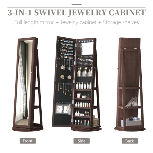 LVSOMT 360° Swivel LED Mirror Jewelry Cabinet with Storage - Lighted Full-Length Farmhouse Armoire (Dark Brown)