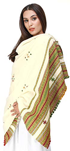 Image of Exotic India Women's Kutch Wool Shawl (SHV95--beige)