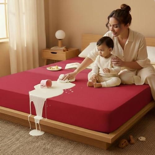 Image of Naksh Mattress Protector King Size Cotton (72x78x10 Inch Drop), Maroon | Fitted Elastic Waterproof Bed Protector | Soft Absorbent Terry Fabric | Heavy Quality | Leak & Spill Protection