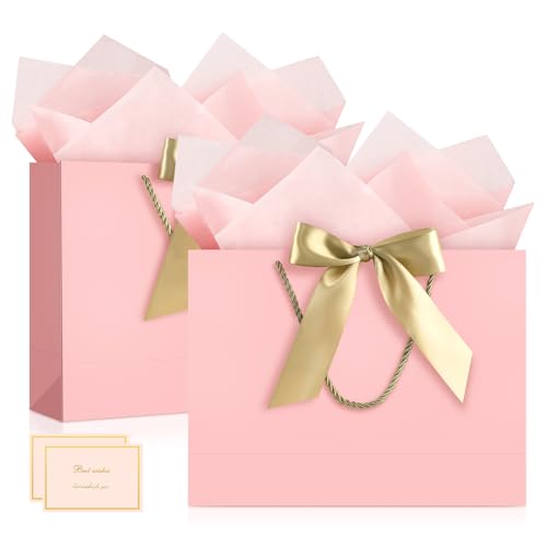 Image of JMANNI Gift Bags with Handles, 13 inch Medium Mothers Day Gift Bag for Presents, 2 Pcs Bags with 4 Tissue Paper and 2 Cards for Baby Shower Wedding Bridal Shower Mother's Day Birthday Party (Pink)