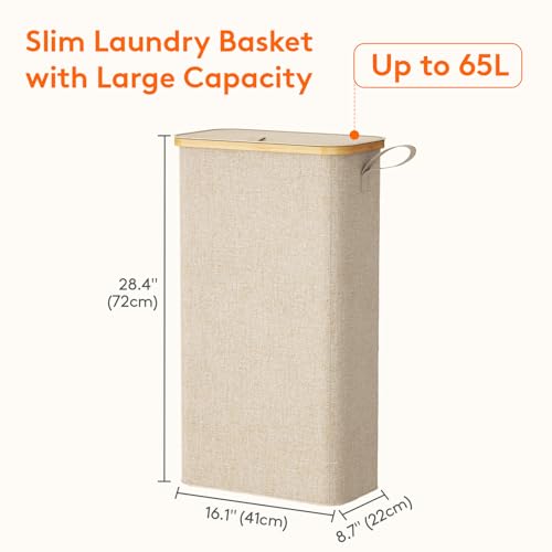 Lifewit 65L Slim Laundry Basket with Lid, Narrow Laundry Bin with Removable Bag & Bamboo Handles, Foldable Thin Dirty Clothes Hamper for Laundry, Bathroom, Bedroom, Dorm (Beige) - Image 3