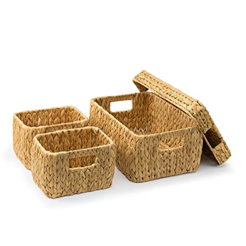 Gaiamade Water Hyacinth Storage Baskets With Lid, Wicker Baskets For Organizing And Storage, Set Of 3 (1Pc Large, 2Pcs Medium, 1 Lid) #TOP4