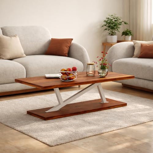 Image of Coffee Table /Center Table /tea table with Open Storage Shelf - Minimalist Sesham Wood Rectangular Center Table with white Z Shape metal fram for Living Room, Office, and Lounge Easy Assembly