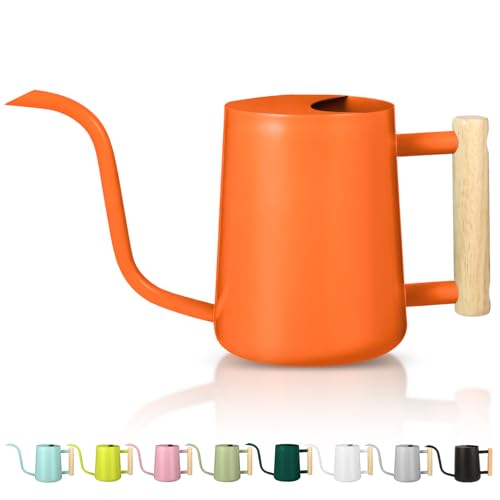 Image of Watering Can Indoor Plants, 35oz Small Stainless Steel Metal Watering Can Modern Decorative Watering Pot with Long Spout for Indoor House Plant Bonsai Garden Flowers (Orange)