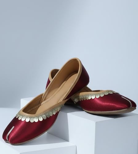 Image of Pluxh Women's Ethnic Jutti Shoes | Shiny Finish Mojari with Sequin Border | Soft Cushioned Slip-On Flats for Casual