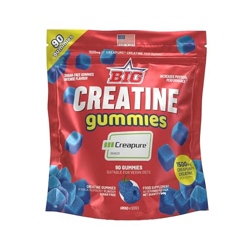 BIG - Gominolas de Creatina Monohidrato Creapure Sabor a Frambuesa Acida, 90 Gummies para Entrenamiento de Fuerza y Masa Muscular, Textura Suave, Megadosis 4.5g por toma (45 tomas)