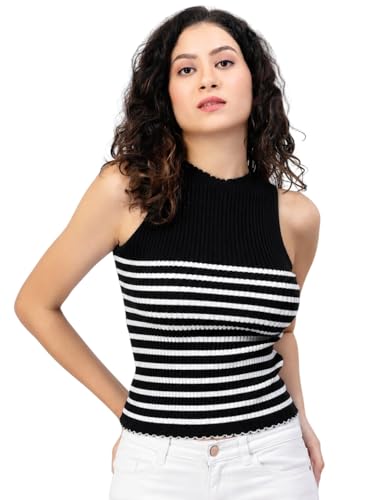 Image of Kalt Womens Knitted, Ribbed Cotton Fitted Sleeveless Round Neck Cami Tank Top