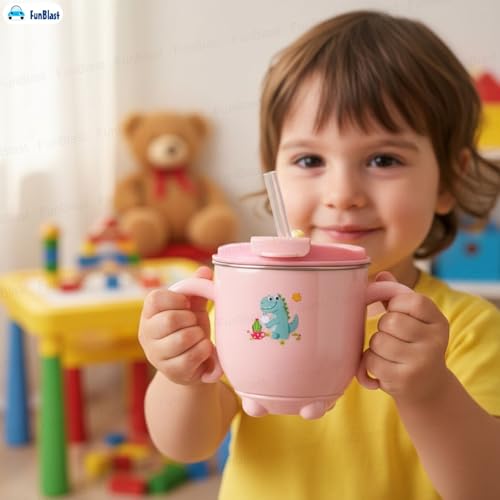Image of FunBlast Milk Mug for Kids - Dinosaur Print S316 Stainless Steel Mug for Kids, Insulated Milk Cup with Lid & Straw, Water, Juice Drinking Mug, Glass, Cup for Kids - 200 ML (Pink)