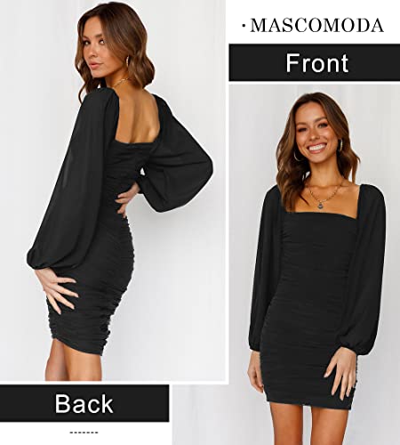 Image of MASCOMODA Women Elegant Square Neck Lantern Long Sleeve Mini Ruched Bodycon Dress Stretch Mesh Slim Party Cocktail Dresses