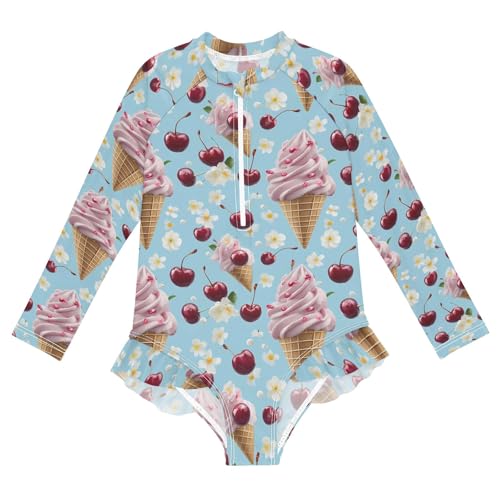 ALAZA Toddler Swimsuit Girl Bathing Suit Swimwear Rash Guard Ice Cream Flower Cherry Long Sleeve 3T