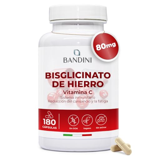 Bandini® Hierro Suplemento 80mg + Vitamina C 160mg - 180 Cápsulas Veganas (de bisglicinato de hierro) Contribuye a la Formación de Glóbulos Rojos y Hemoglobina - Con Alta Absorción y al Sistema Inmune