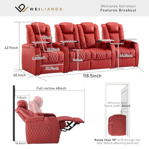 Image of Weilianda Home Theater Seating, Top Grain Leather Movie Theater Chair | Red Row of 4 Loveseat Middle, Zero Gravity, Power Headrest, Tray Table, Electric Reclining Seat for Media Room