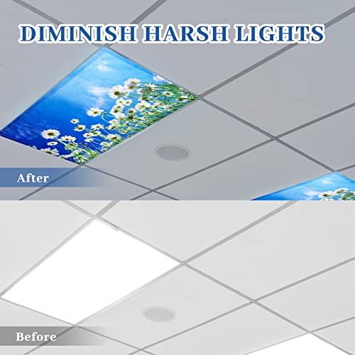 Image of Hortsun 4 Pack 4 x 2 Feet Fluorescent Light Covers, Magnetic Light Filters for Classroom Ceiling, Decorative Lights Shade for Office Home Hospital(Chamomiles)