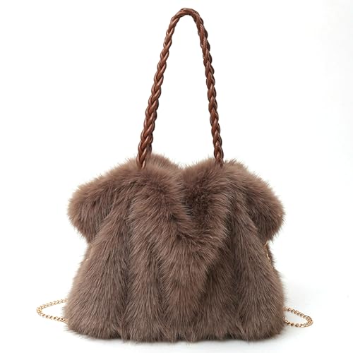 Obelunrp Fur Purse for Women, 13x11.4inch Faux Fur Purse with Leather Handle & Metal Chain, Fluffy Tote Bags, Shoulder Bag for Winter (Brown)