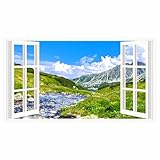 Lamkidle Landscape Wall Sticker Decor 3D Fake Window Mountain Scenery Wall Sticker Peel and Stick Wall Art Wallpaper Removable Faux Window Wall Mural Decal for Bedroom Living Room