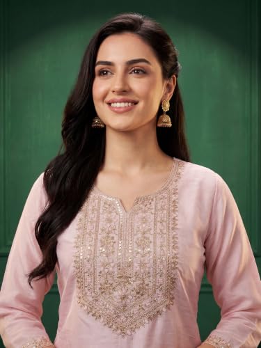 Image of INDO ERA Women's Silk Blend Floral Embroidered Thread Work Straight Kurta & Pant with Dupatta Set | Kurti Set
