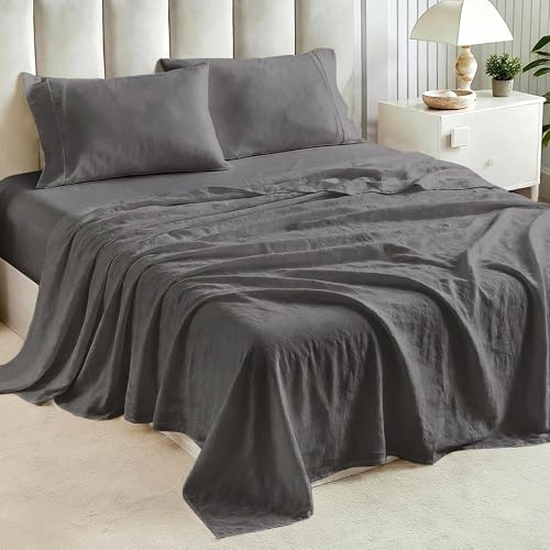 Image of Tokokimo Queen Sheet Set 4 Piece, Super Soft Washed Cotton-Linen Feel Microfiber, 16 inch Deep Pocket Fitted Sheet, 1 Flat Sheet, 2 Pillowcases, Breathable Bed Sheets, Grey
