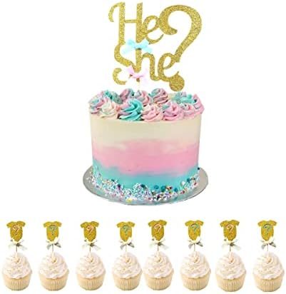 Gender Reveal Cake Topper And Gender Reveal Cupcake Toppers Gender Party Decorations He Or She Design And Question Mark Blue And Pink Package includes 13 pieces