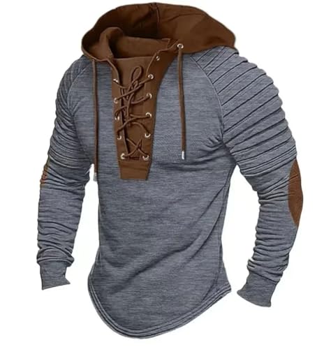 Men's Solid Color Casual T-Shirt Top Long Sleeved Slim Fit Pleated Hood Street Sweatshirt4