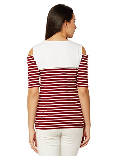 Image of Miss Chase Women's Navy Blue and White Round Neck Half Sleeves Striped Cold Shoulder Top