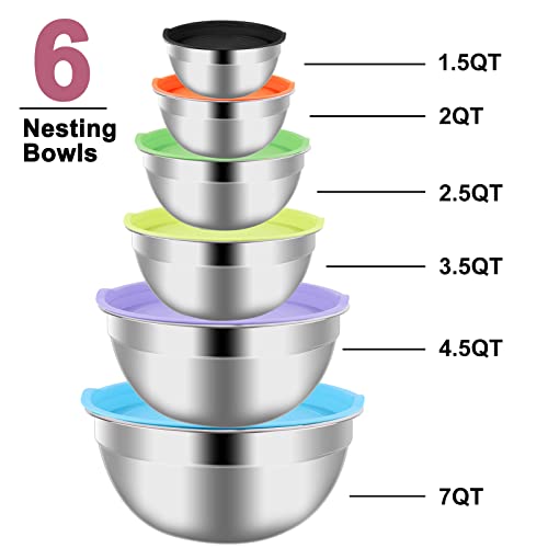 Mixing Bowls with Lid Set, 23PCS Kitchen Utensils Metal Bowl Stainless Steel Nesting Bowls, Measuring Cups and Spoons, Egg Whisk for Baking Prepping Cooking Serving Supplies - Thumbnail 2