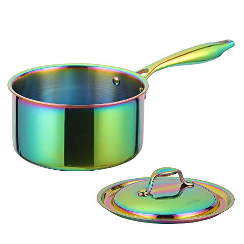 Comparison: Best Stainless Steel Pot Rainbow Stain 2 BuyGo 18/8 Stainless Steel Saucepan, 2.5 Quart Rainbow Pan with Heat Resistant Long Handle, 3-Layer Multipurpose Cookware Pot, Compatible Stovetops: Gas, Electric, Dishwasher Safe