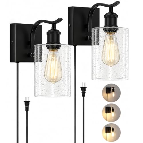 Image of Set of 2 Plug in Black Seeded Glass Wall Sconces, Dimmable Farmhouse Bathroom Wall Mount Light, Vanity Lighting Fixtures,Indoor Metal Wall Lamp for Living Room Bedroom Kitchen Hallway