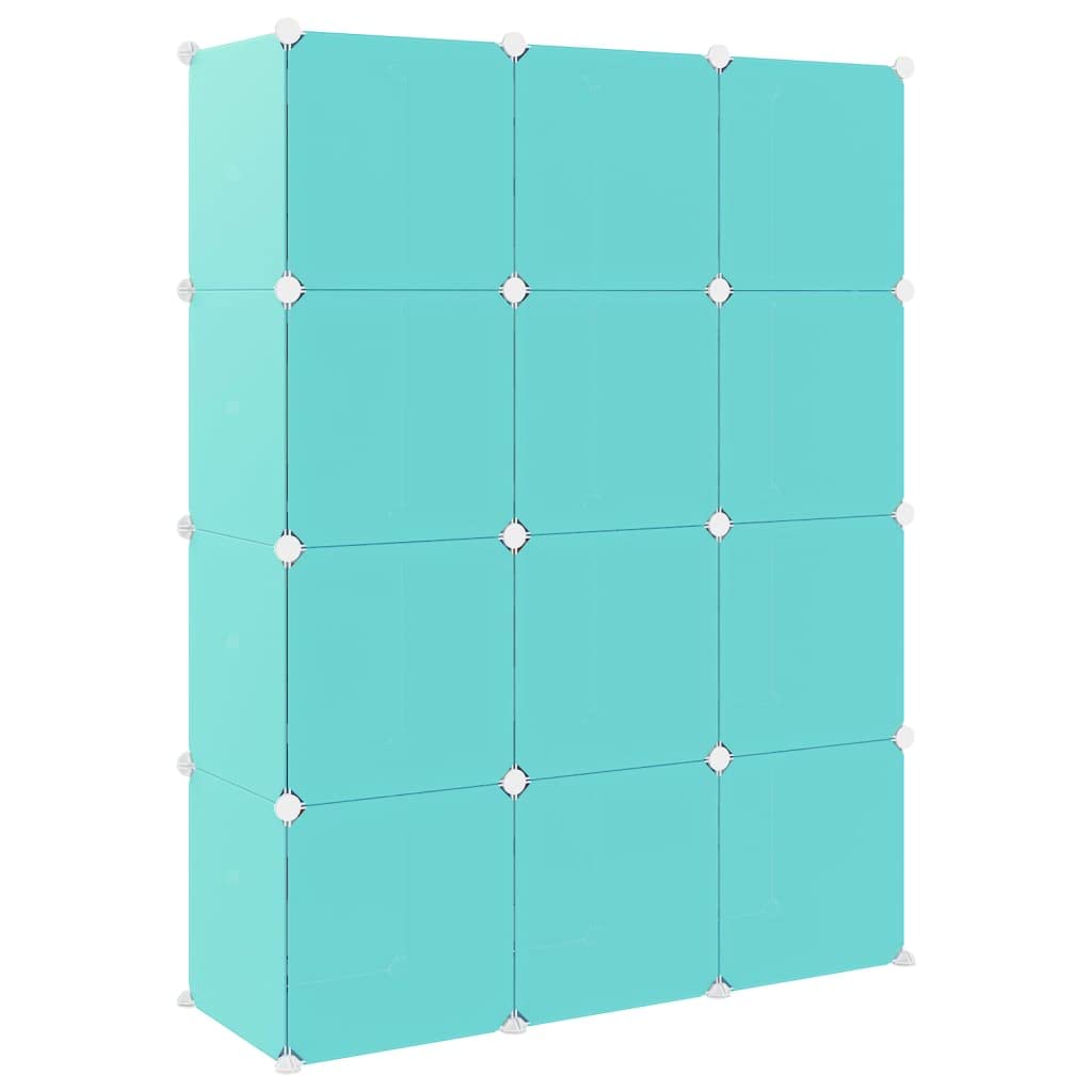 Kinderschrank Modular mit 12 Würfeln Grün PP, stabiles Regal mit Stahlrahmen, platzsparend und stapelbar, inklusive Türen und Holzhammer, ideal zum Verstauen und Ordnen im Kinderzimmer