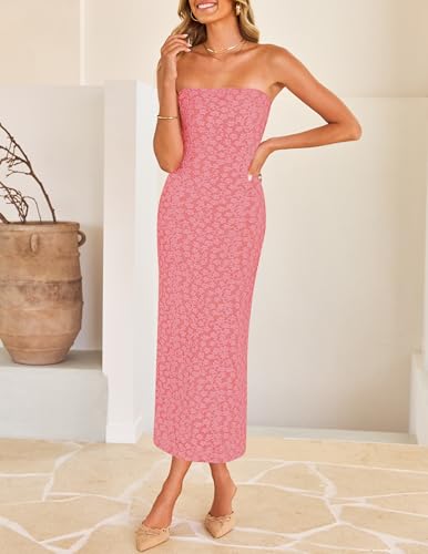 Image of ZESICA Women's 2026 Summer Floral Strapless Bodycon Midi Dress Off Shoulder Beach Formal Cocktail Wedding Guest Long Dresses