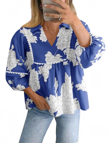 Tankaneo Womens Floral Peplum Babydoll Tops 3/4 Puff Sleeve Pleated Blouse Cute Casual V Neck Loose Fit Flowy Boho Shirts