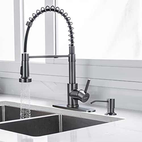 Black Stainless Kitchen Faucet, Faucet For Kitchen Sink With Pull Down Sprayer Gray Matte Gun Black Wewe Kitchen Faucet With Deck Plate Stainless Steel Farmhouse Commercial With Soap Dispenser #TOP3