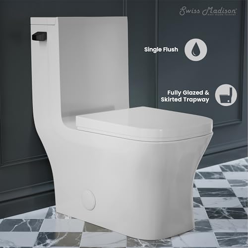 Image of Concorde One-Piece 12 inch Rough-in 1.28 GPF Left-Hand Flush Square Toilet in Glossy White with Black Hardware